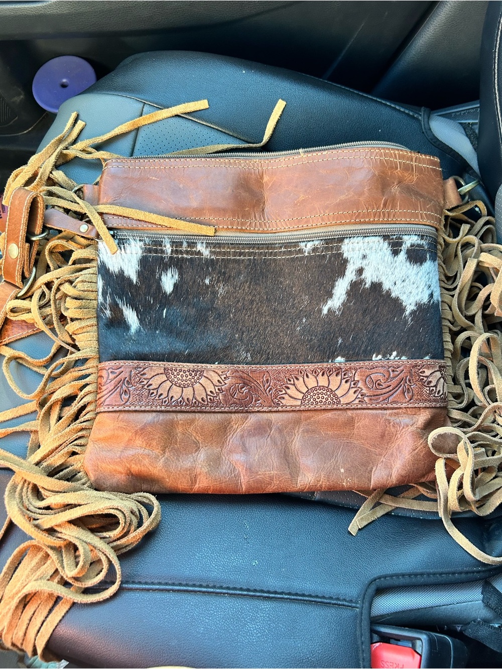 Fringed Leather Crossbody with Cowhide Accent - Brown